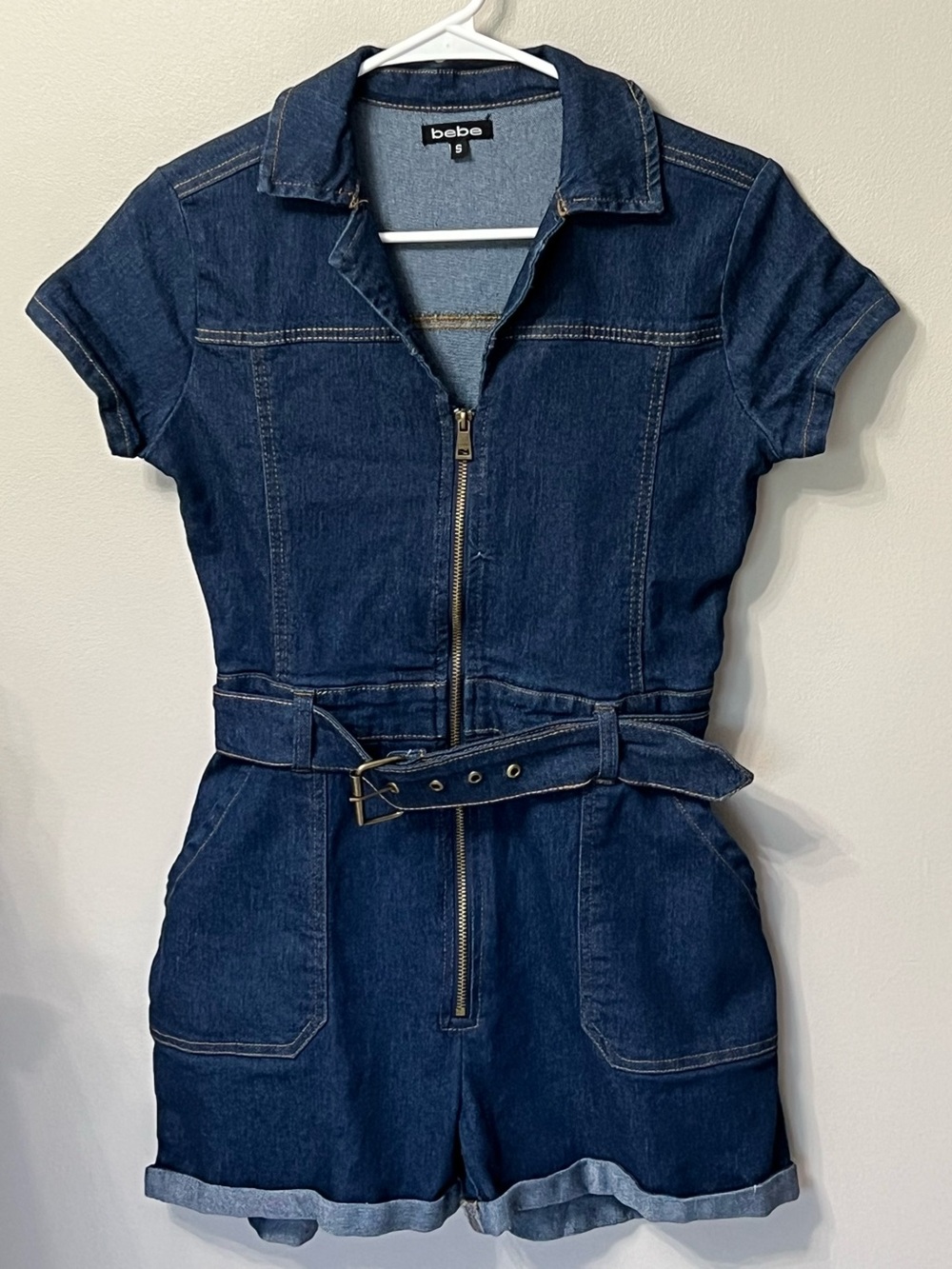 bebe Dark Blue Denim Short Sleeve Zip Romper with Belt